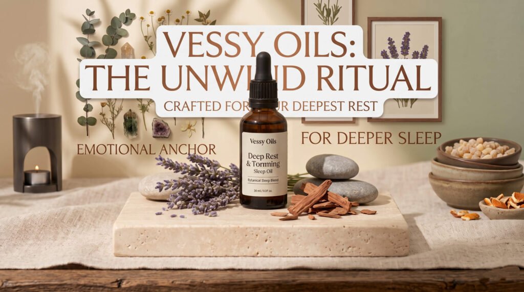 Vessy Oils pure botanical sleep remedy bottle showcased with premium organic lavender and cedarwood elements in a warm clean aesthetic wellness setting