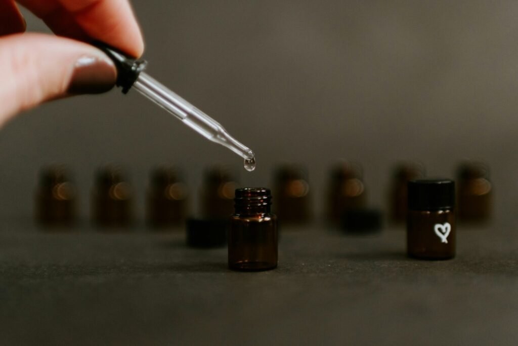 A 10 mL essential oil roll-on secured in a resealable travel bag