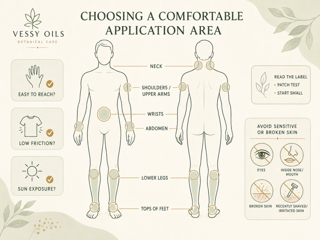 Vessy Oils essential oil roll-on body map showing comfortable application areas and sensitive skin precautions